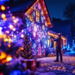 A photograph of a festive outdoor scene showcasing vibrant xmas projection lights illuminating a home or landscape