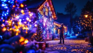 A photograph of a festive outdoor scene showcasing vibrant xmas projection lights illuminating a home or landscape