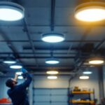 A photograph of a well-lit garage featuring flush mount led lights