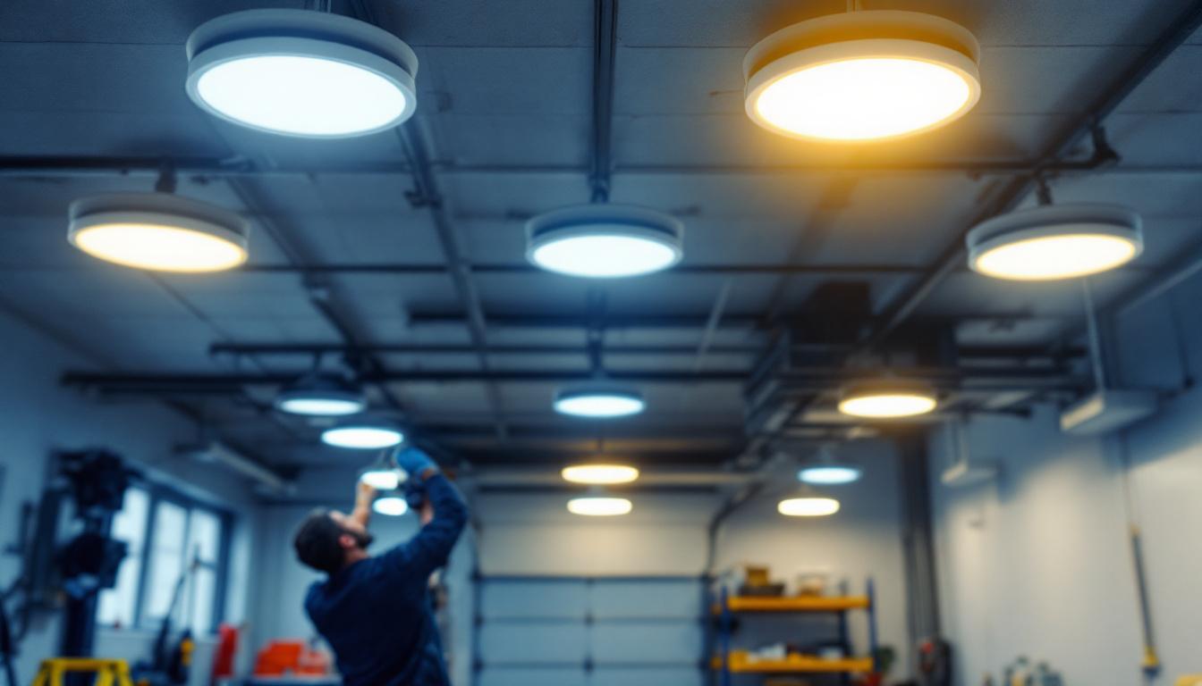 A photograph of a well-lit garage featuring flush mount led lights