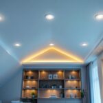 A photograph of a beautifully designed pitched ceiling featuring recessed lighting