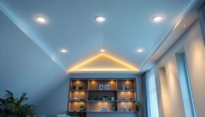 A photograph of a beautifully designed pitched ceiling featuring recessed lighting