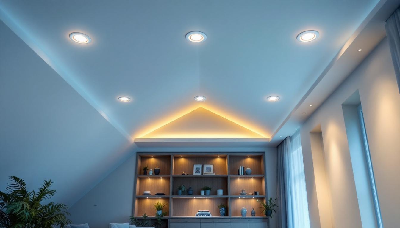 A photograph of a beautifully designed pitched ceiling featuring recessed lighting