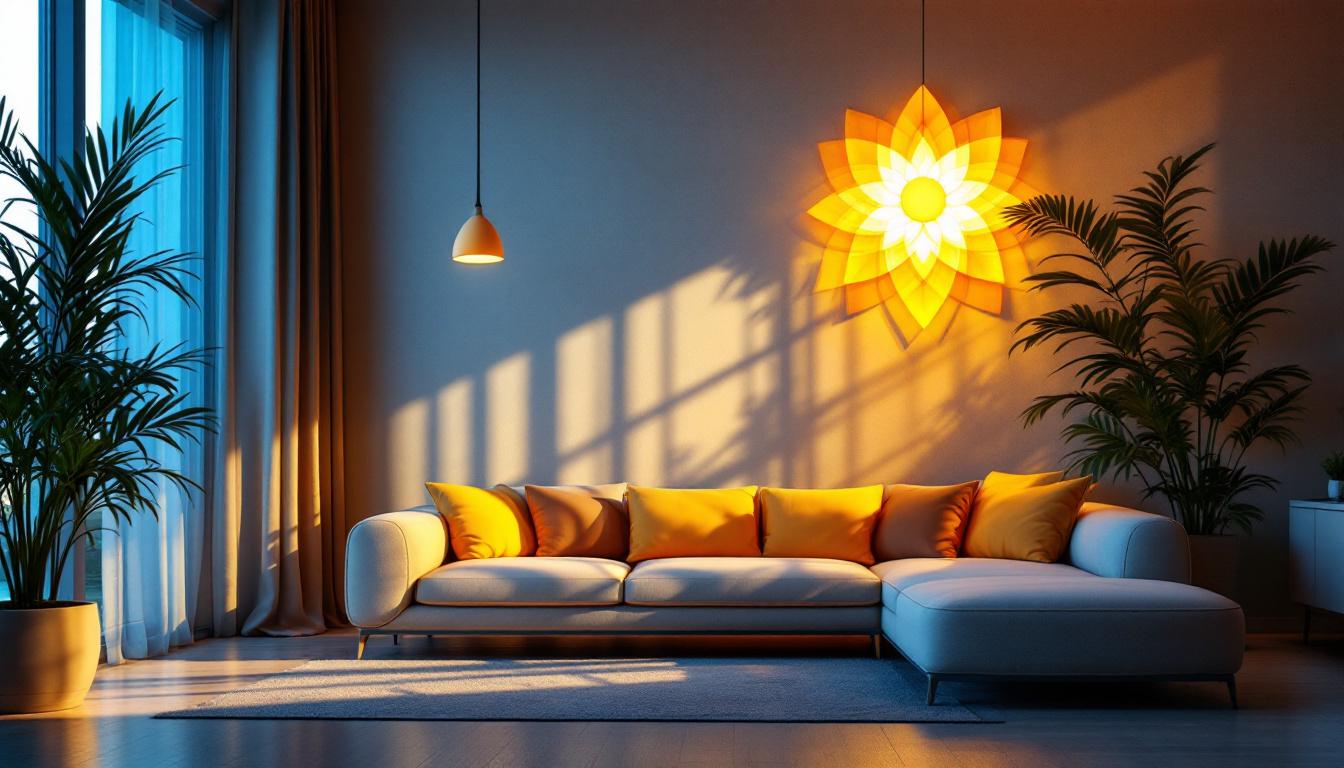 A photograph of a beautifully lit indoor space featuring a stylish lotus led light fixture