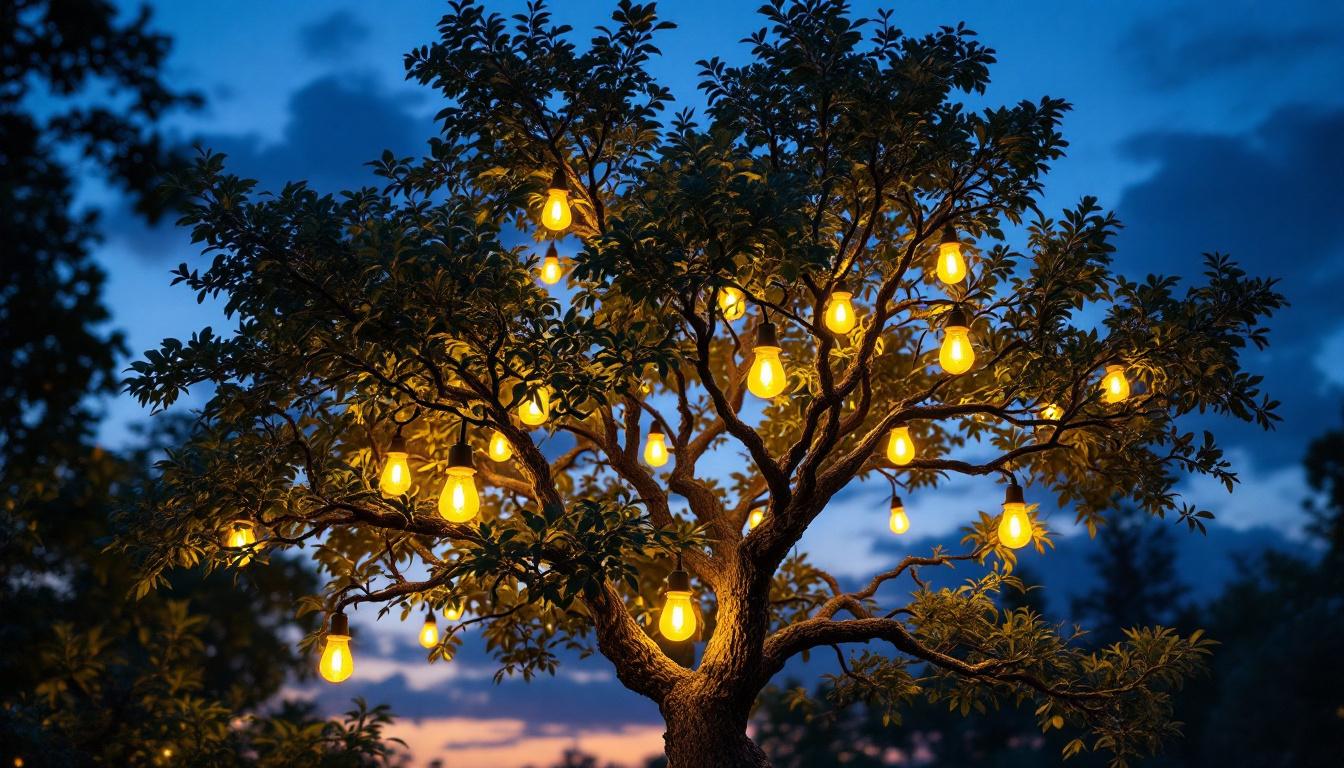 A photograph of a beautifully illuminated tree at dusk