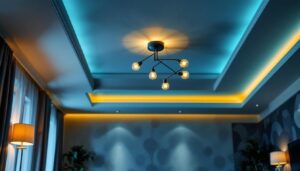A photograph of a beautifully designed living room ceiling featuring a stylish and modern light fixture