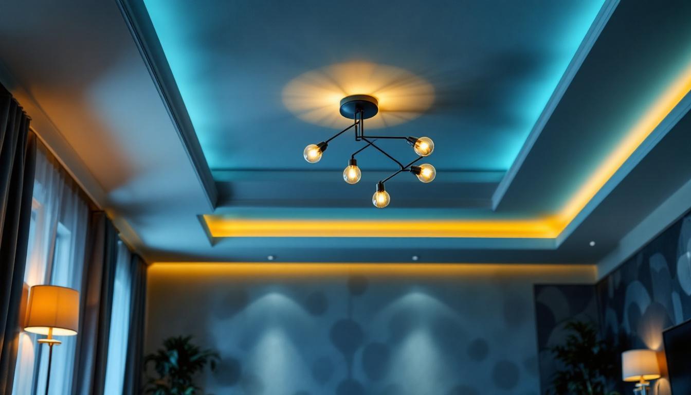 A photograph of a beautifully designed living room ceiling featuring a stylish and modern light fixture