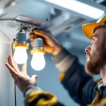 A photograph of a lighting contractor skillfully bypassing a ballast in a commercial lighting fixture