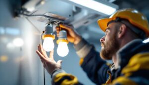 A photograph of a lighting contractor skillfully bypassing a ballast in a commercial lighting fixture