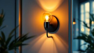 A photograph of a beautifully designed wall sconce illuminating a stylish interior space