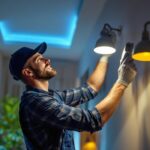 A photograph of a lighting contractor expertly installing modern led fixtures in a residential setting