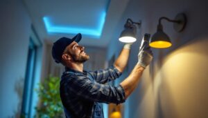 A photograph of a lighting contractor expertly installing modern led fixtures in a residential setting