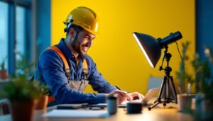A photograph of a lighting contractor using the pedant light in a modern workspace