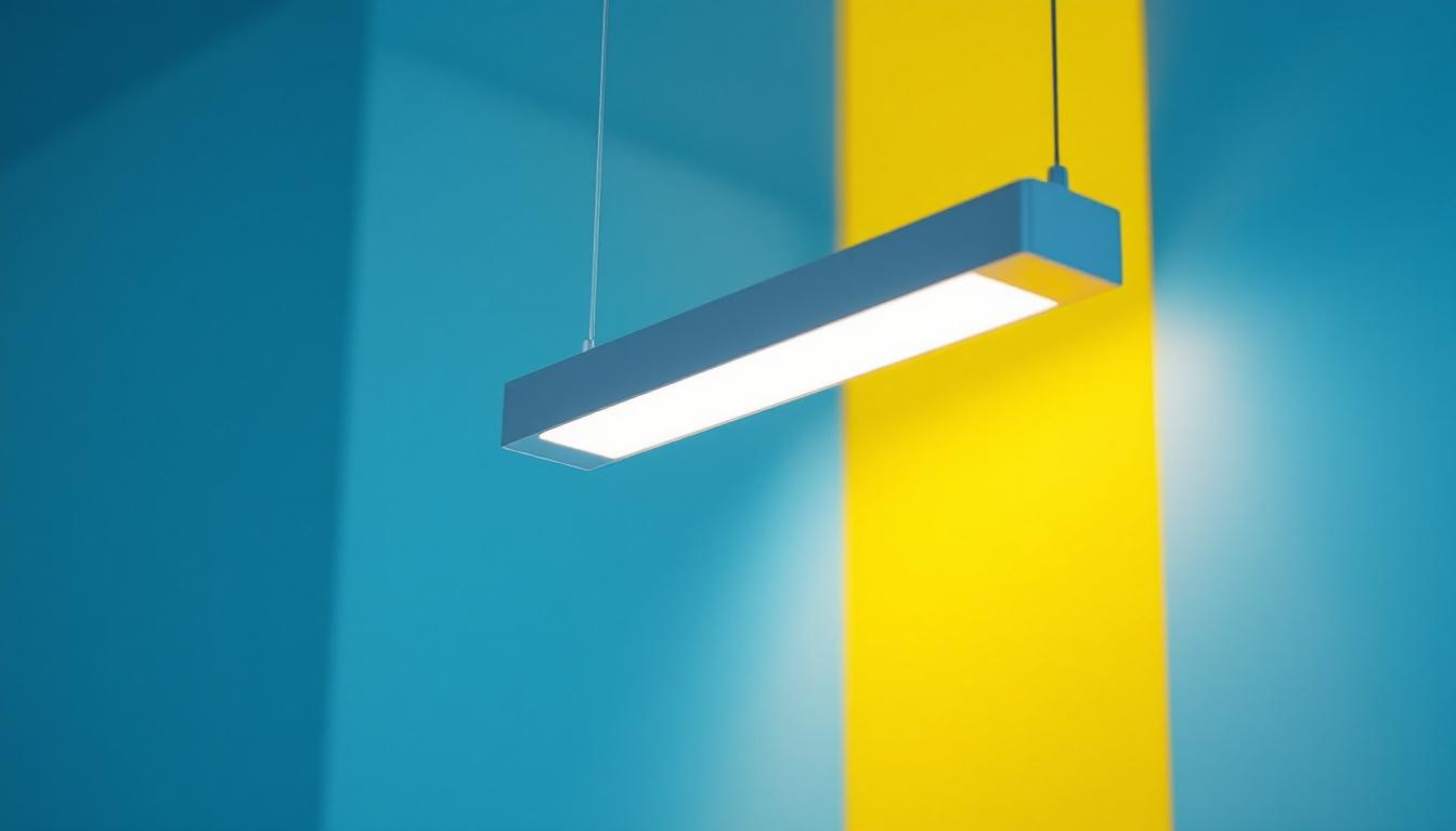 A photograph of a modern linear hanging light fixture installed in a well-lit space