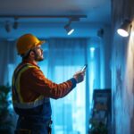 A photograph of a lighting contractor working on a project
