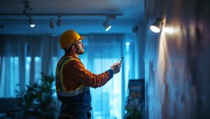 A photograph of a lighting contractor working on a project