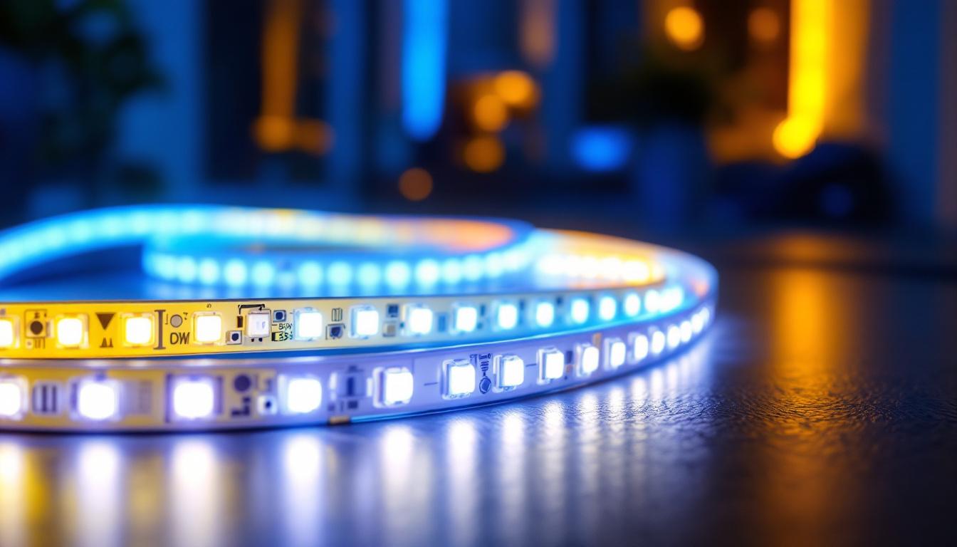 A photograph of a well-lit installation showcasing vibrant led strip lights in a stylish interior setting