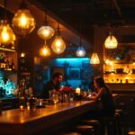A photograph of a stylishly lit bar scene that showcases various lighting fixtures