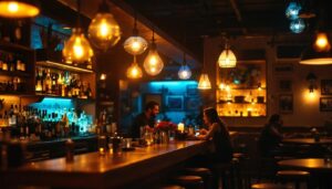 A photograph of a stylishly lit bar scene that showcases various lighting fixtures