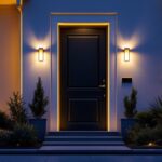 A photograph of a beautifully lit exterior door at dusk
