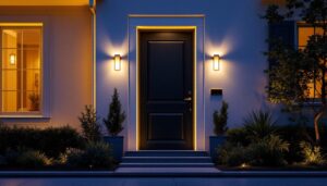 A photograph of a beautifully lit exterior door at dusk