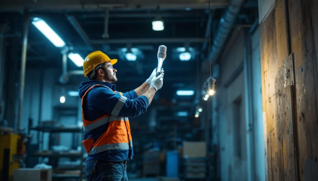 A photograph of a lighting contractor installing or showcasing an 8-foot led lamp in a commercial or industrial setting