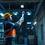 A photograph of a lighting contractor installing or showcasing an 8-foot led lamp in a commercial or industrial setting