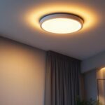 A photograph of a sleek and modern flush mount led ceiling light installed in a stylish interior setting
