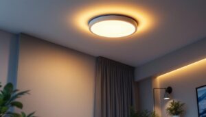 A photograph of a sleek and modern flush mount led ceiling light installed in a stylish interior setting