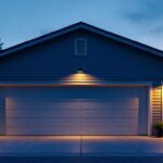 A photograph of a well-lit garage exterior at dusk