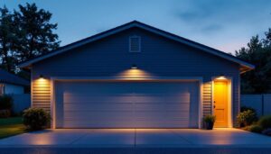 A photograph of a well-lit garage exterior at dusk