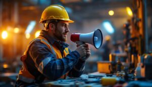 A photograph of a lighting contractor in action on a job site