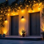 A photograph of a beautifully illuminated outdoor space featuring a variety of stylish lighting fixtures