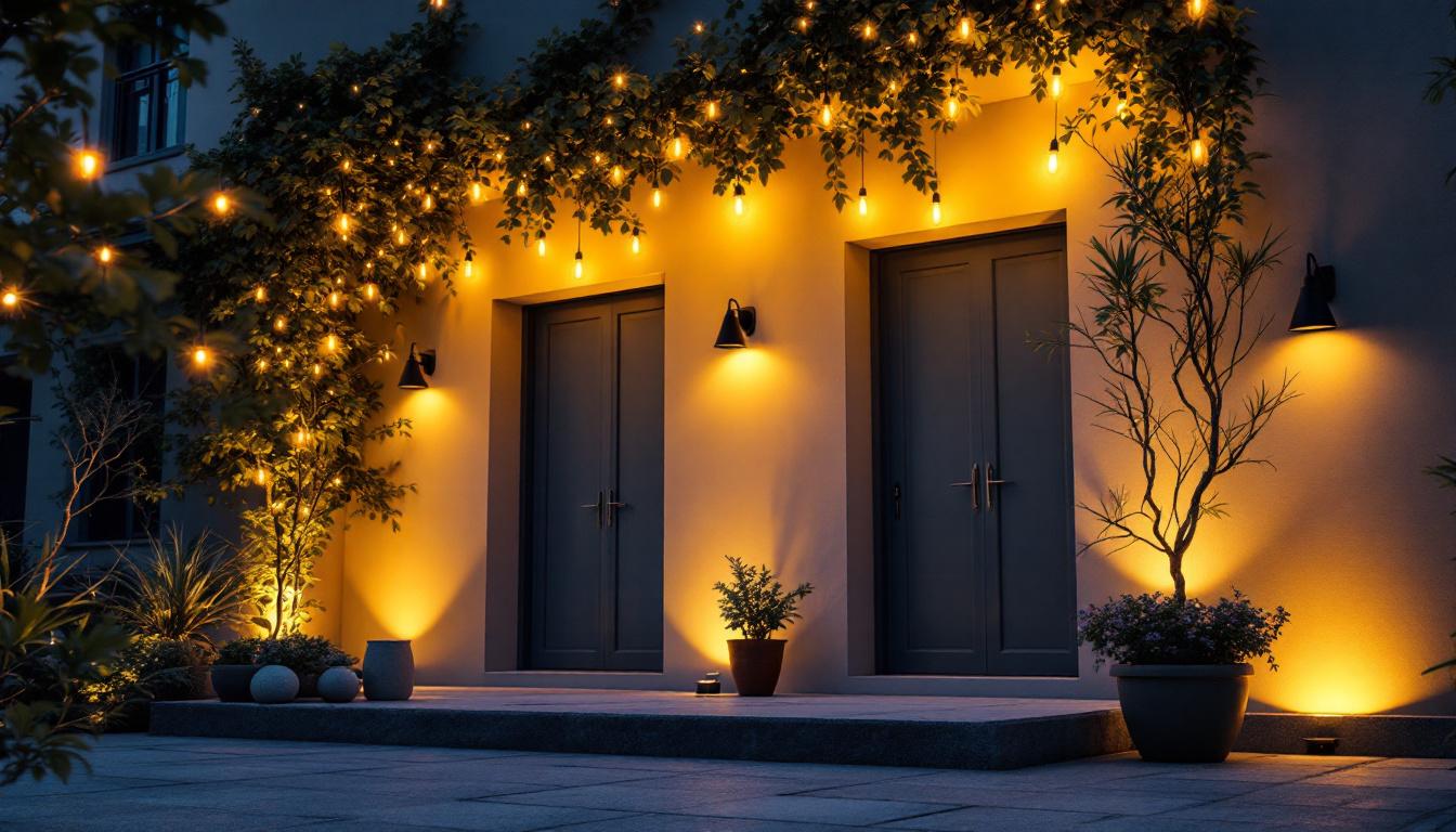 A photograph of a beautifully illuminated outdoor space featuring a variety of stylish lighting fixtures