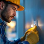 A photograph of a skilled lighting contractor installing a 2 pole toggle switch in a residential setting