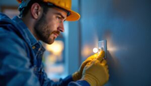 A photograph of a skilled lighting contractor installing a 2 pole toggle switch in a residential setting