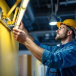 A photograph of a lighting contractor expertly installing or inspecting a 4-bulb fluorescent fixture in a well-lit commercial space