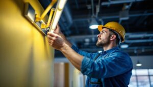 A photograph of a lighting contractor expertly installing or inspecting a 4-bulb fluorescent fixture in a well-lit commercial space