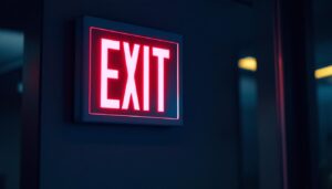 A photograph of a battery-operated exit sign illuminated in a dimly lit environment