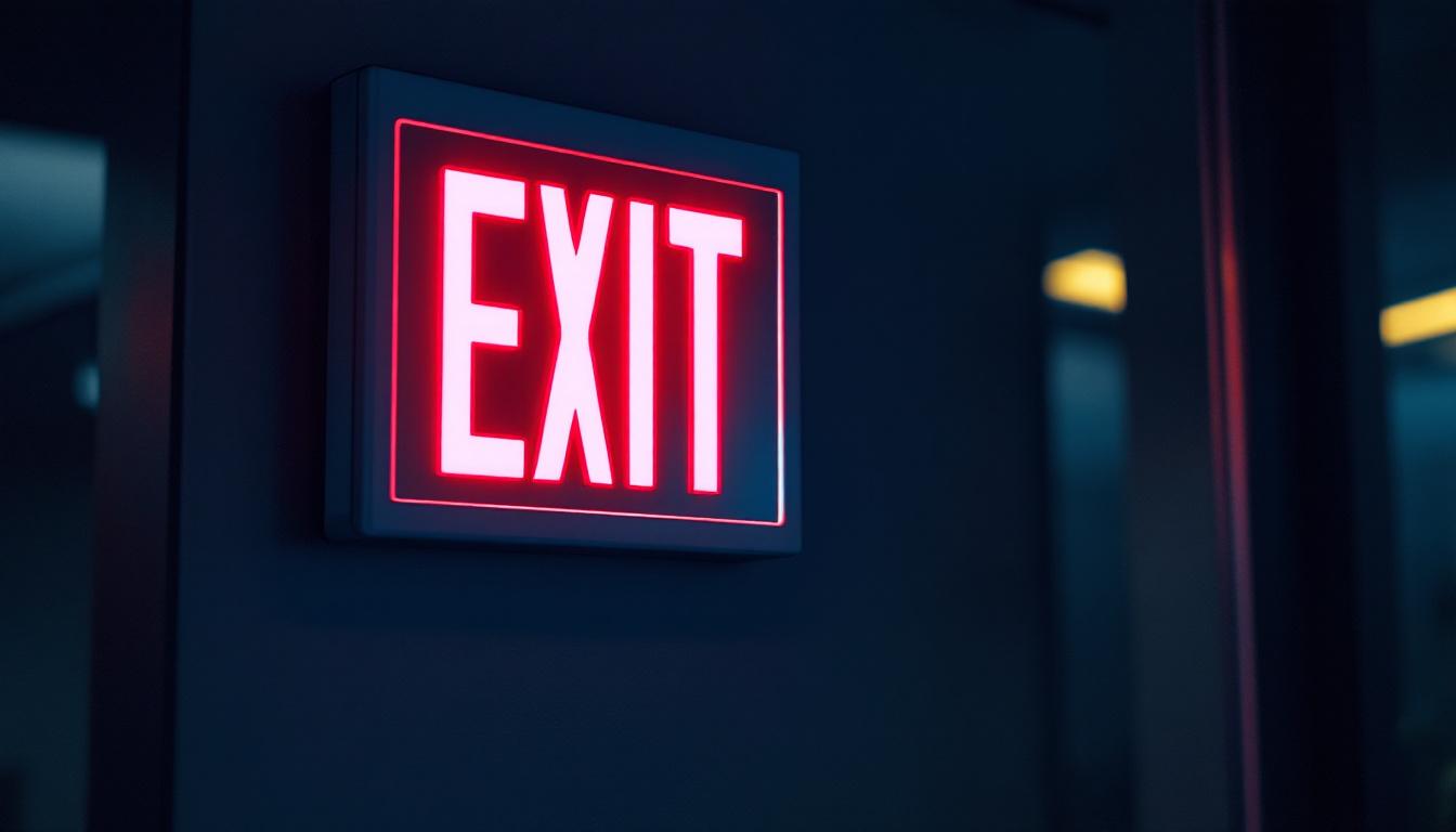 A photograph of a battery-operated exit sign illuminated in a dimly lit environment