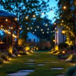 A photograph of a beautifully illuminated outdoor yard featuring a variety of stylish lighting fixtures