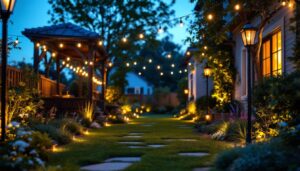 A photograph of a beautifully illuminated outdoor yard featuring a variety of stylish lighting fixtures
