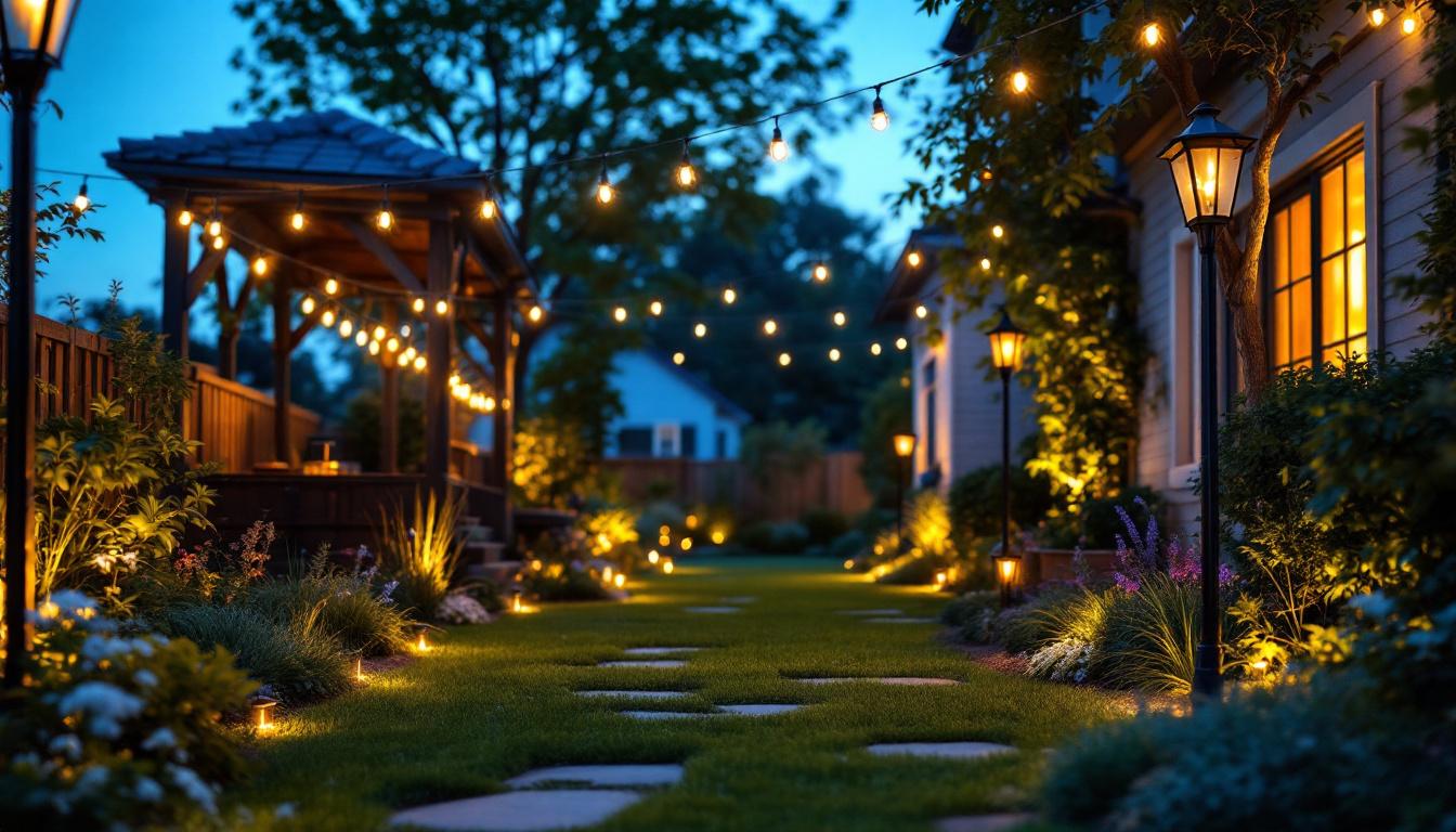 A photograph of a beautifully illuminated outdoor yard featuring a variety of stylish lighting fixtures