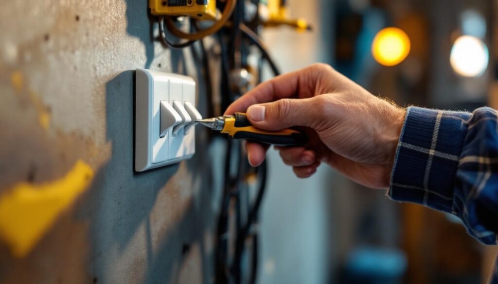 A photograph of a skilled lighting contractor wiring a three-way toggle switch in a well-lit room
