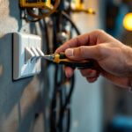 A photograph of a skilled lighting contractor wiring a three-way toggle switch in a well-lit room