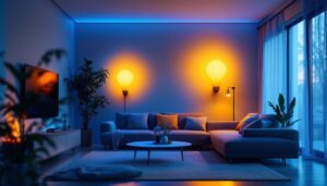 A photograph of a modern living space illuminated by large led bulbs