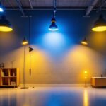 A photograph of a well-lit indoor space showcasing various lighting installations