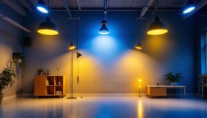 A photograph of a well-lit indoor space showcasing various lighting installations