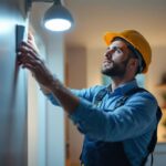 A photograph of a lighting contractor installing a motion sensor indoor light in a modern home setting
