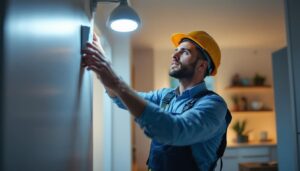 A photograph of a lighting contractor installing a motion sensor indoor light in a modern home setting